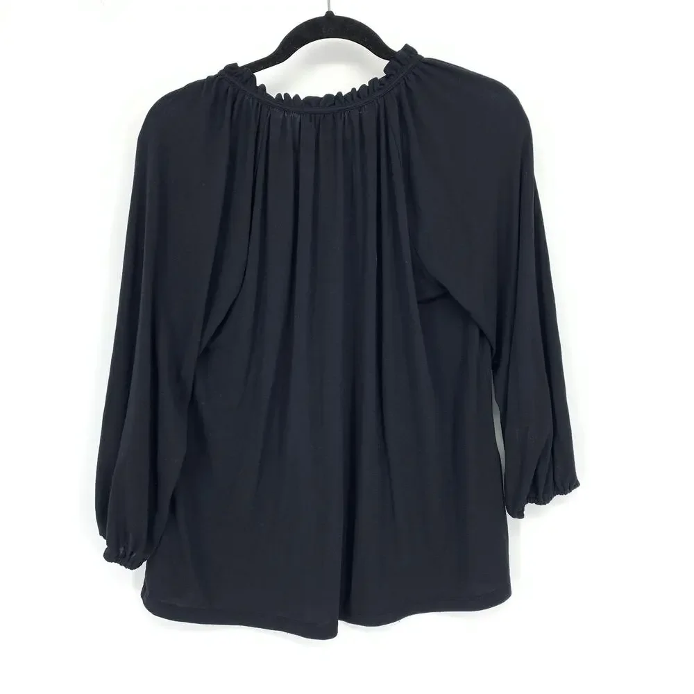 Ann Taylor 3/4 Sleeve Ruffle Tie Neck Blouse Womens Size Small Black